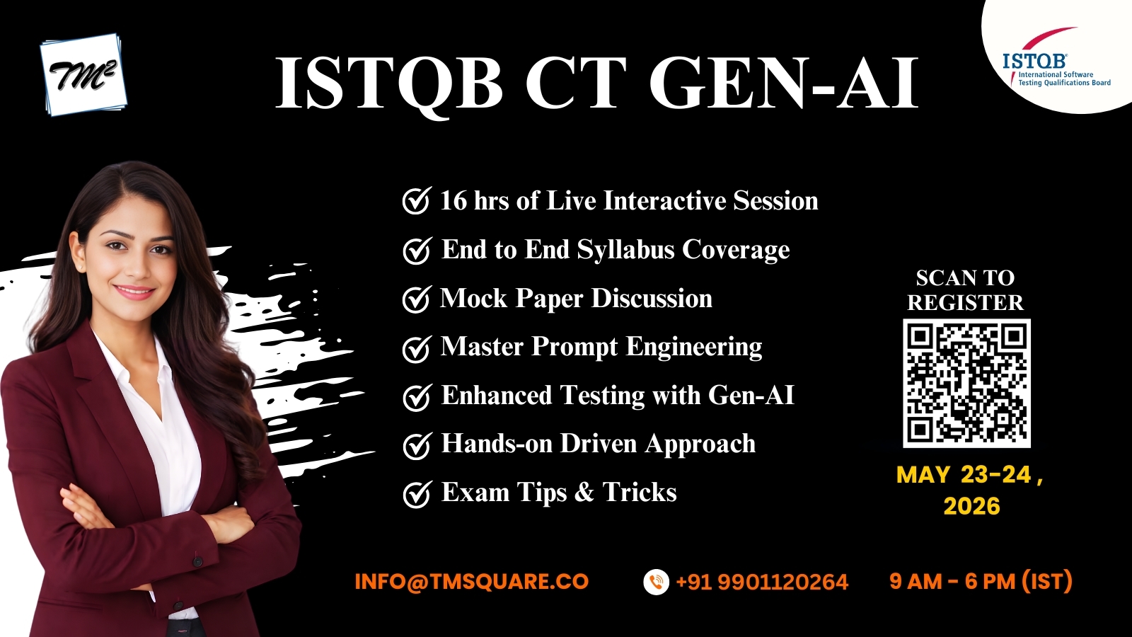 Promotional banner for ISTQB CT Gen-AI with a woman on the left and a bullet list of session benefits on a black background.